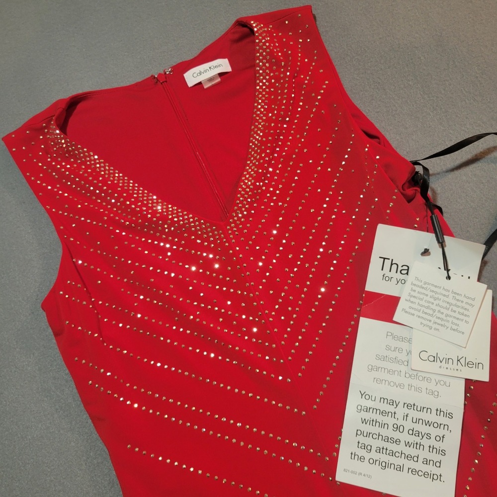 Calvin Klein Red Studded V-Neck Sheath Dress Size 4 NWT